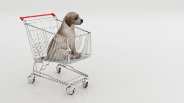 Alışveriş sepeti beyaz izole içinde köpek