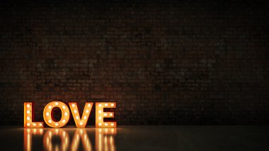 Kayan yazı ışık mektup işareti seviyorum, 3d render