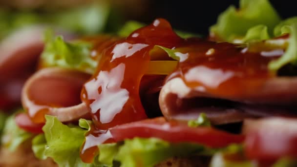 Fermer en mettant de la sauce rouge sur un sandwich aux légumes. — Video