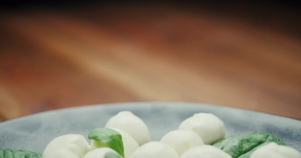 Witte kleine mozzarella kaasballen, spinazie bladeren en tomaten op zwarte plaat. Dolly-out schot. — Stockvideo