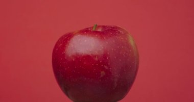 Yeşil arka planda asılı kırmızı elma dönüşleri, izole.