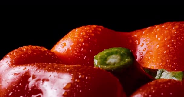 Wet red bell pepper rotates on black background. Macro. — Stock Video
