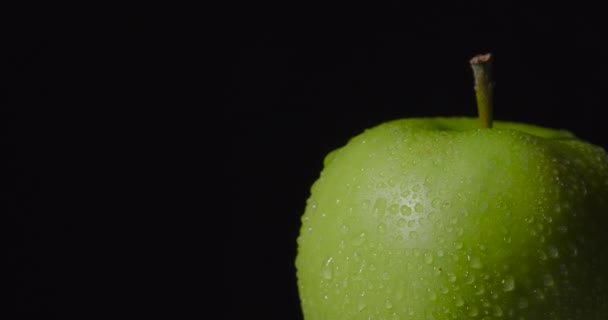 푸른 젖은 사과는 어두운 배경에 홀로 매달려 회전한다. — 비디오