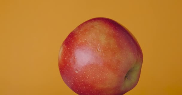 Pomme rouge tourne suspendu sur un fond rouge, isolé. — Video