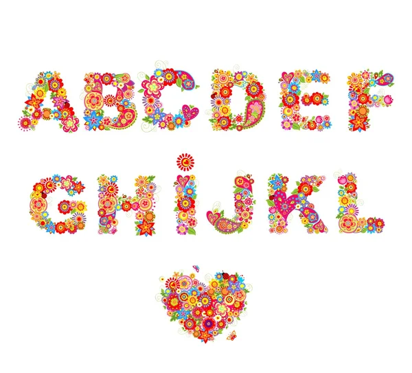 Floral alfabet met grappige kleurrijke bloemen. Deel 1 — Stockvector