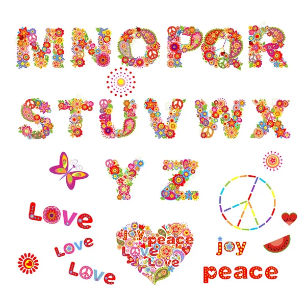 Alfabeto floreale hippie con divertenti fiori colorati. Parte 2 — Vettoriale Stock