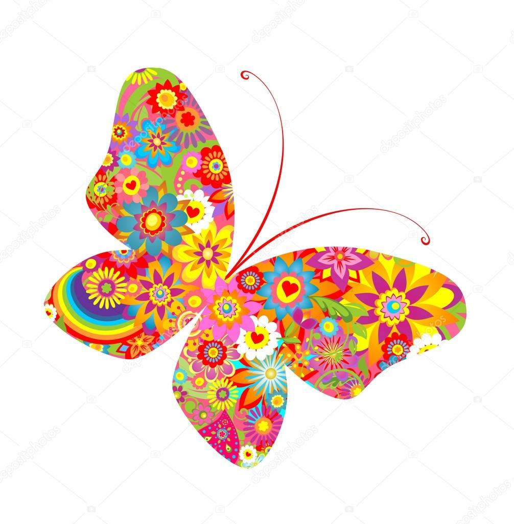 Flowers colorful print with abstract butterfly