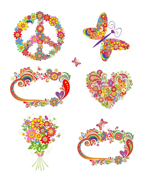 Fleurs salutations et éléments hippie — Image vectorielle