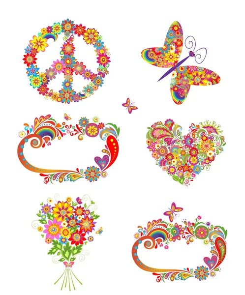 Flores saludos y elementos hippie — Vector de stock