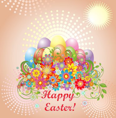 Paskalya tebrik renkli yumurta ve çiçeklerle