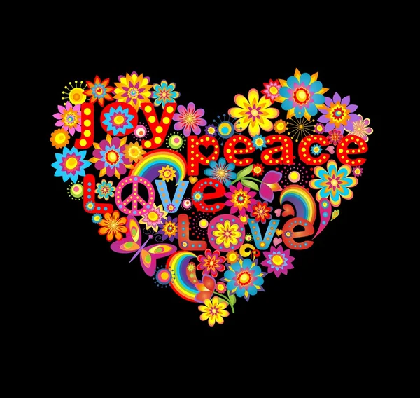 Forme de coeur floral avec hippie symbolique — Image vectorielle