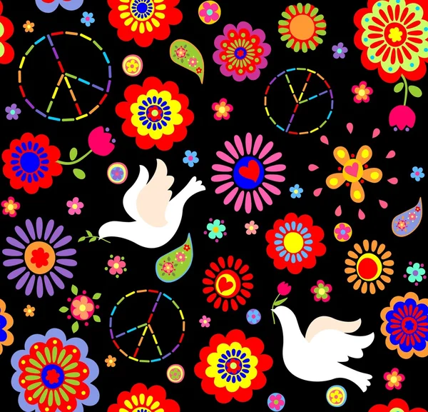 Papel pintado infantil con hippie simbólico y palomas — Vector de stock
