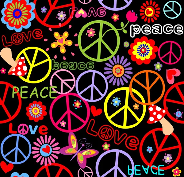 Hippie wallpaper with peace symbol, mushrooms and abstract flowers — Stock Vector