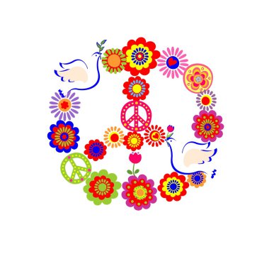 Güvercinler ve renkli çiçeklerle barış çiçek simgesiyle aplike