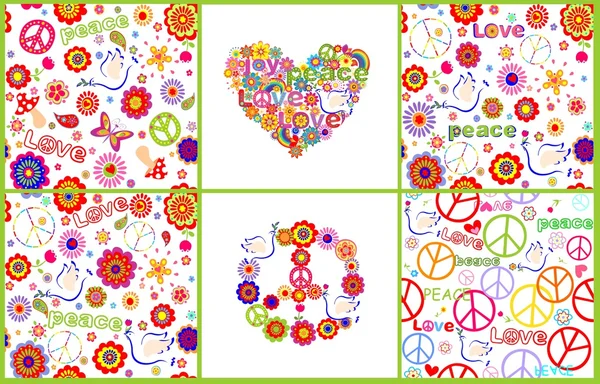 Conjunto de fondo de pantalla con flores abstractas de colores, hippie simbólico, setas y palomas — Vector de stock