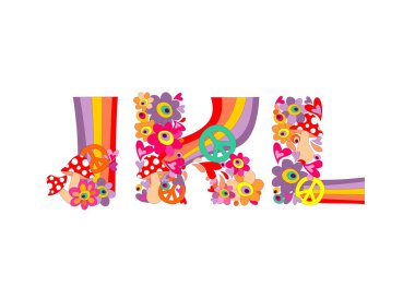 Hippie childish alphabet with colorful abstract flowers, rainbow and mushrooms. J, K, L clipart
