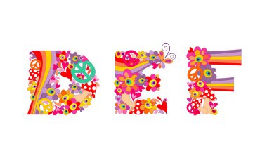 Hippie childish alphabet with colorful abstract flowers, rainbow and mushrooms. DEF clipart