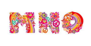 Hippie childish alphabet with colorful abstract flowers, rainbow and mushrooms. M, N, O clipart
