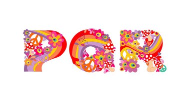 Hippie childish alphabet with colorful abstract flowers, rainbow and mushrooms. P, Q, R clipart