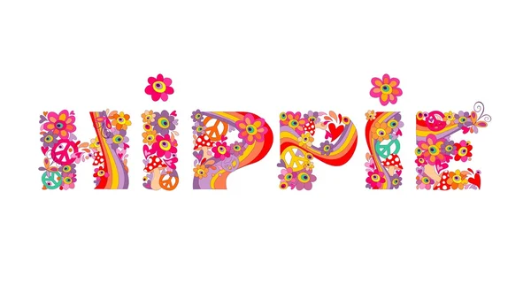 Hippie belettering met abstracte kleurrijke bloemen — Stockvector