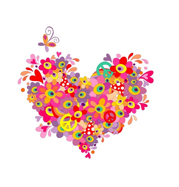Hippie heart with abstract colorful flowers, mushrooms, peace symbol and rainbow — Stock Vector