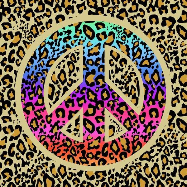 Nahtlose Sandfarbene Leopardentapete Mit Buntem Hippie Friedenssymbol Für Packpapier Shirt — Stockvektor