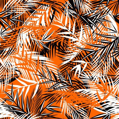 Seamless orange background with black and white coconut and fan-leaved palm leaves. Tropical print for fashion textile and wallpaper clipart