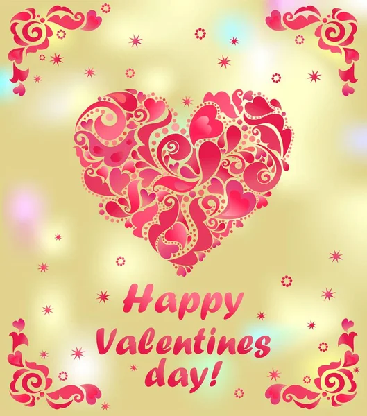 ホットピンクの装飾的なハートの形でバレンタインデーのためのゴールド輝くカード 挨拶のレタリングとソーシャルメディアやパーティーのポスターのための抽象的な国境 — ストックベクタ