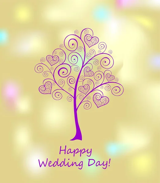 心をぶら下げて装飾的な紫色の木と黄金の挨拶結婚式カード — ストックベクタ