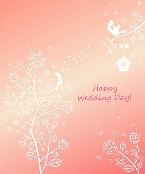粉红油腻的婚礼贺卡 配以美丽的百合花树 挂着的鸟舍和可爱的小鸟对 — 图库矢量图片