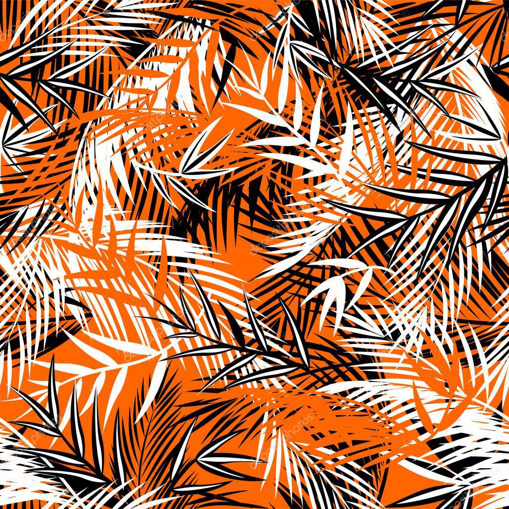 Seamless orange background with black and white coconut and fan-leaved palm leaves. Tropical print for fashion textile and wallpaper