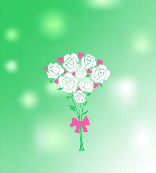 Biglietto Auguri Verde Primavera Brillante Con Simpatico Bouquet Rose Bianche — Vettoriale Stock
