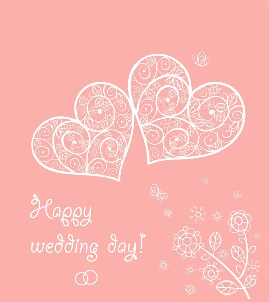 Pastel Pink Wedding Greeting Card Lacy Hearts Pair Decorative Tree — Stock Vector