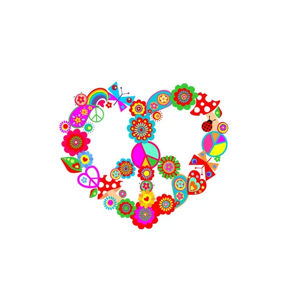 花の力と心の形でカラフルなヒッピーの平和のシンボルを切断面白い紙は Tシャツ バッグデザイン ファッションプリントのための農業 フライペイズリー 蝶と虹 — ストックベクタ