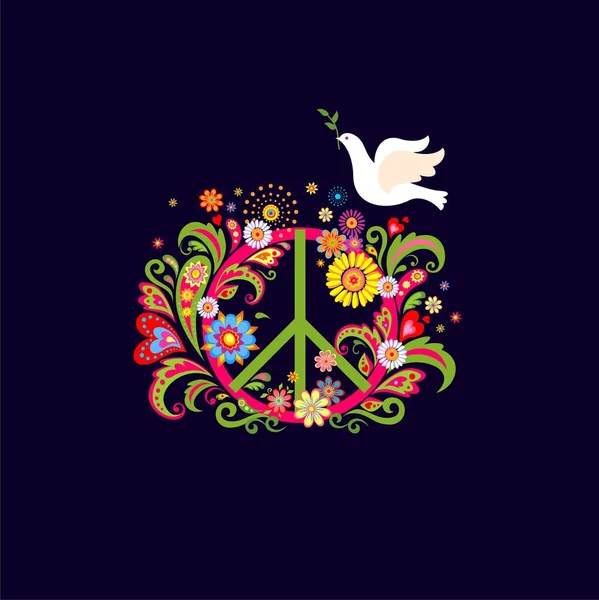 Camiseta Estampado Moda Fondo Oscuro Con Peace Hippie Flor Símbolo — Vector de stock