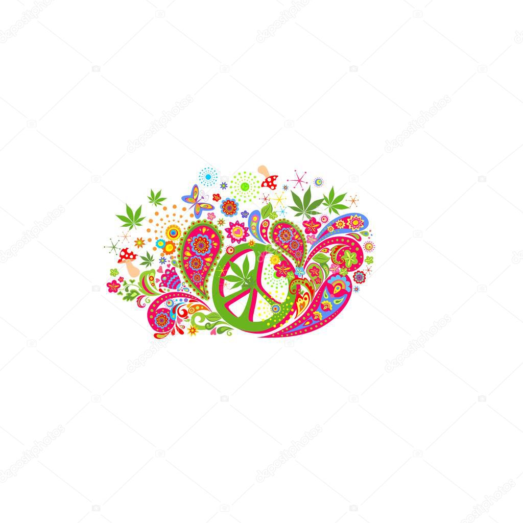 Colorful psychedelic fashion print for t shirt, bag design with hippie peace symbol, flower-power, marijuana leaves, paisley, fly agaric on white background