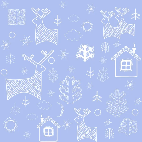 Papier peint bleu hiver avec rennes, arbres et petite maison — Image vectorielle