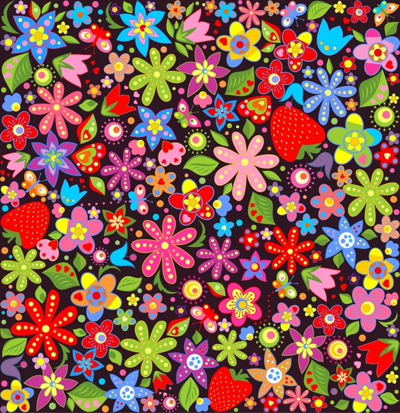 Fondo de pantalla de primavera con flores y fresa — Vector de stock