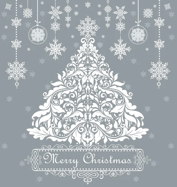 Saludo de Navidad vintage con árbol floral decorativo — Vector de stock