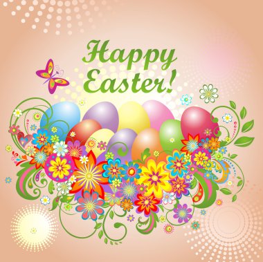 Renkli çiçekler ve yumurta Paskalya kartı