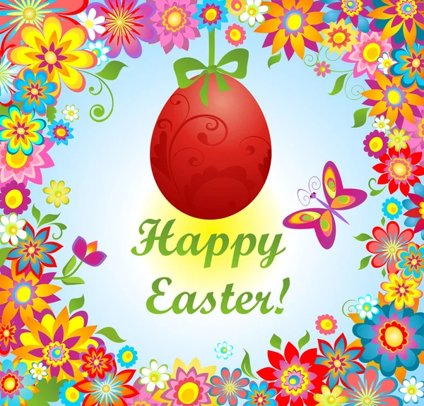 Easter greeting with colorful flowers and hanging egg — Stock Vector