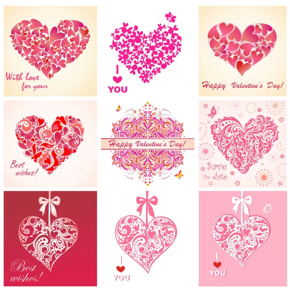 Tarjetas de felicitación con corazones — Vector de stock