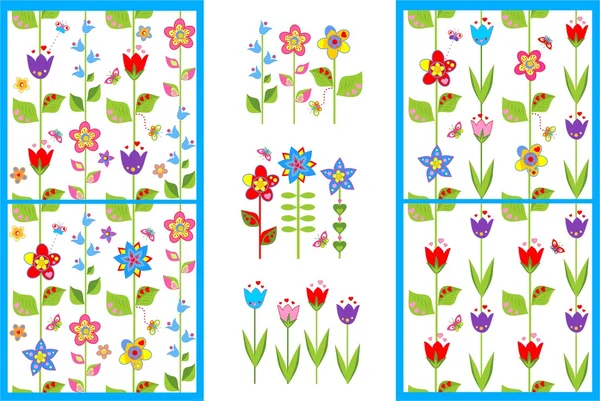 Fondos de pantalla y bordes con divertidas flores de primavera — Archivo Imágenes Vectoriales