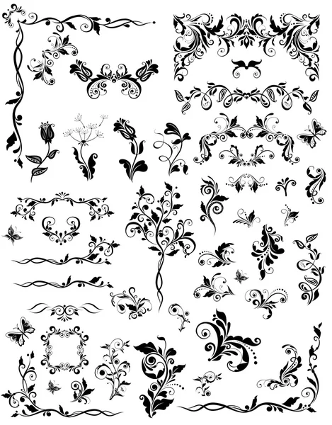 Vintage floral designelementen (zwart-wit) — Stockvector