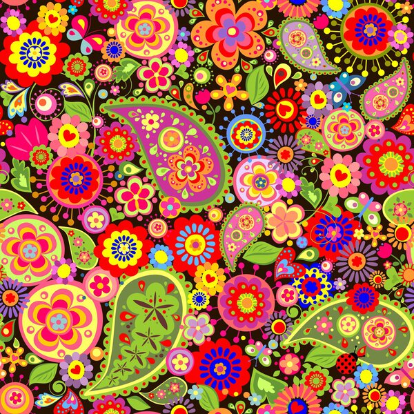 Colorful wallpaper with funny spring flowers and paisley