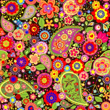 Colorful floral wallpaper with hippie symbolic clipart