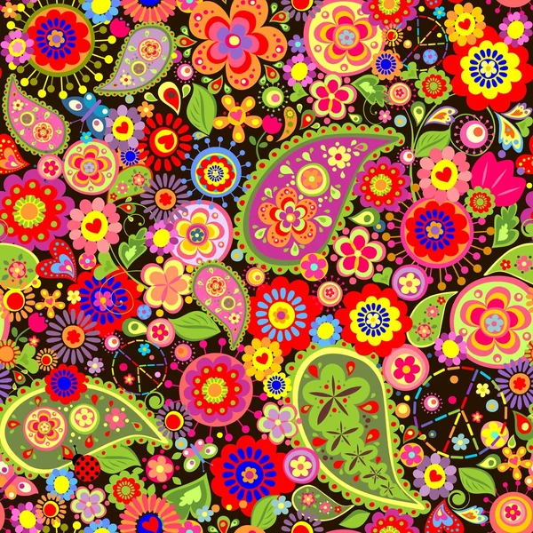 Papier peint floral coloré avec hippie symbolique — Image vectorielle