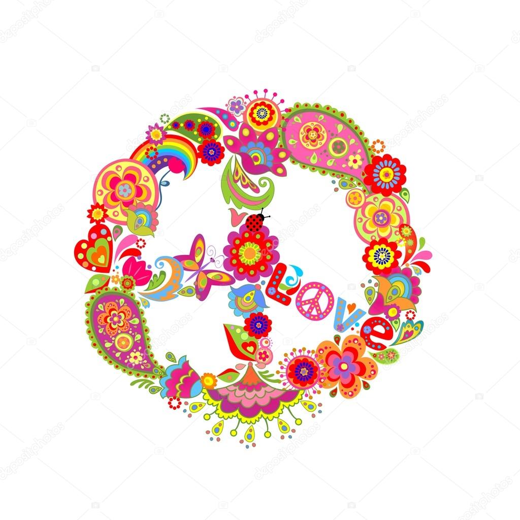 Peace flower symbol with paisley and abstract colorful flowers