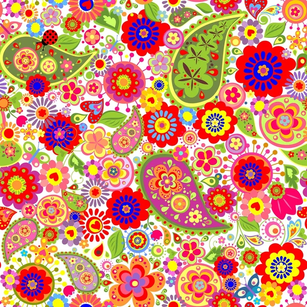 Coloridas flores estampadas con paisley y amapolas — Vector de stock