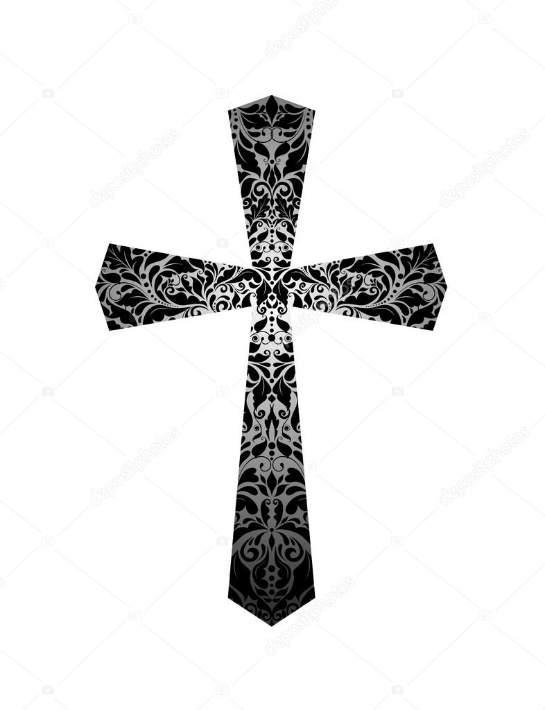Christian cross with floral vintage pattern (black and white)